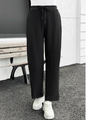 Black bottoms,Plain Color bottoms,Pocket Black Straight Leg Elastic Waist High Waisted Pants