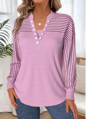 Light Pink tops,Geometric tops,ROTITA Tummy Coverage Geometric Print Light Pink Split Neck Sweatshirt