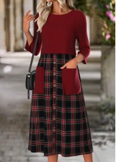 ROTITA Tummy Coverage Plaid Wine Red Round Neck Dress