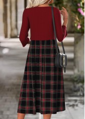 Wine Red dresses,Plaid dresses,Geometric dresses,Everyday dresses,Casual dresses,ROTITA Tummy Coverage Plaid Wine Red Round Neck Dress