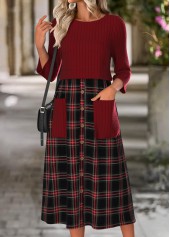 Wine Red dresses,Plaid dresses,Geometric dresses,Everyday dresses,Casual dresses,ROTITA Tummy Coverage Plaid Wine Red Round Neck Dress