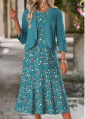 Peacock Blue dresses,Ditsy Floral dresses,Casual dresses,ROTITA Tummy Coverage Ditsy Floral Print Dress and Cardigan