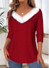 Wine Red tops,Plain Color tops,ROTITA Tummy Coverage Wine Red V Neck T Shirt