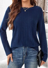 Navy tops,Plain Color tops,ROTITA Navy Round Neck Long Sleeve T Shirt