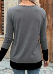 Dark Grey tops,Contrast Color tops,ROTITA Patchwork Dark Grey Round Neck Long Sleeve T Shirt