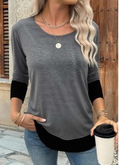 Dark Grey tops,Contrast Color tops,ROTITA Patchwork Dark Grey Round Neck Long Sleeve T Shirt