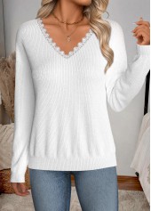 White tops,Plain Color tops,ROTITA Patchwork White V Neck Long Sleeve Sweater