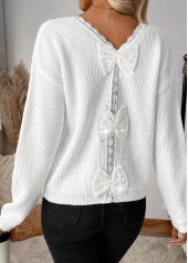 White tops,Plain Color tops,ROTITA Patchwork White V Neck Long Sleeve Sweater