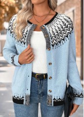 Bauchbedeckender hellblauer Cardigan mit Ethno-Print und langen Ärmeln