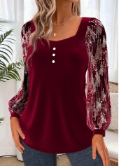 Wine Red tops,Plain Color tops,ROTITA Tummy Coverage Wine Red Heart Collar Long Sleeve Blouse