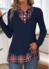 ROTITA Tummy Coverage Plaid Navy Fake Two Piece Twinset