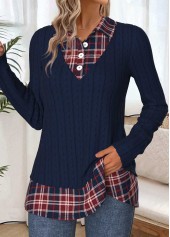 Navy tops,Plaid tops,Geometric tops,ROTITA Tummy Coverage Plaid Navy Fake Two Piece Twinset