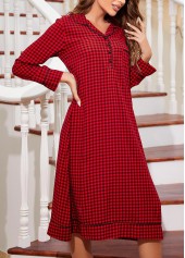 Plaid Red Turn Down Collar Long Sleeve Nightdress