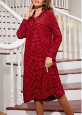 Red loungewear,Plaid loungewear,Geometric loungewear,Plaid Red Turn Down Collar Long Sleeve Nightdress