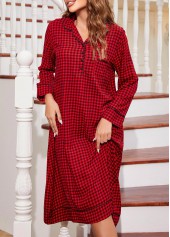 Red loungewear,Plaid loungewear,Geometric loungewear,Plaid Red Turn Down Collar Long Sleeve Nightdress