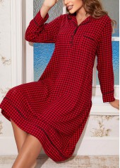 Red loungewear,Plaid loungewear,Geometric loungewear,Plaid Red Turn Down Collar Long Sleeve Nightdress