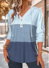 Blue tops,Contrast Color tops,ROTITA Tummy Coverage Blue Long Sleeve Hoodie