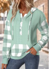 Sage Green tops,Plaid tops,Geometric tops,ROTITA Tummy Coverage Plaid Sage Green Long Sleeve Hoodie