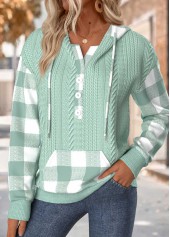 Sage Green tops,Plaid tops,Geometric tops,ROTITA Tummy Coverage Plaid Sage Green Long Sleeve Hoodie