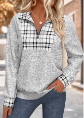 Grey tops,Plaid tops,Geometric tops,ROTITA Plaid Grey Turn Down Collar Long Sleeve Sweatshirt