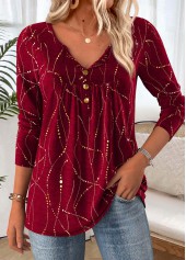 ROTITA Tummy Coverage Geometric Print Wine Red T Shirt