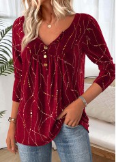 Wine Red tops,Geometric tops,ROTITA Tummy Coverage Geometric Print Wine Red T Shirt