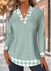 ROTITA Tummy Coverage Plaid Light Green Long Sleeve T Shirt