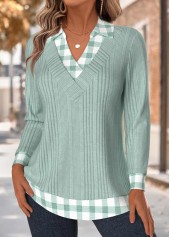 Light Green tops,Plaid tops,Geometric tops,ROTITA Tummy Coverage Plaid Light Green Long Sleeve T Shirt