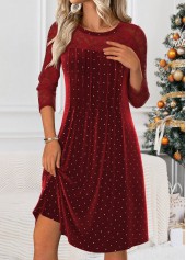 Wine Red dresses,Dot dresses,Casual dresses,ROTITA Tummy Coverage Polka Dot Wine Red Round Neck Dress