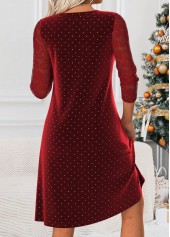Wine Red dresses,Dot dresses,Casual dresses,ROTITA Tummy Coverage Polka Dot Wine Red Round Neck Dress