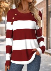 Wine Red tops,Striped tops,Geometric tops,ROTITA Tummy Coverage Striped Wine Red Round Neck T Shirt
