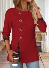 Wine Red tops,Plaid tops,Geometric tops,ROTITA Tummy Coverage Plaid Wine Red Round Neck Blouse