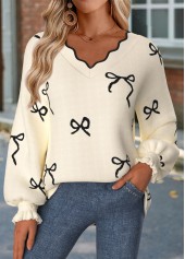 Sweat-shirt beige à manches longues et col en V à ourlet incurvé Rotita