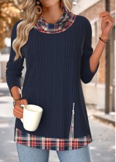 Navy tops,Plaid tops,Geometric tops,ROTITA Tummy Coverage Plaid Navy Cowl Neck Long Sleeve Sweatshirt