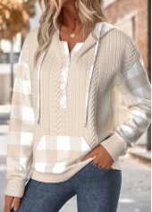 Light Camel tops,Plaid tops,Geometric tops,ROTITA Tummy Coverage Plaid Light Camel Long Sleeve Hoodie
