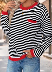 Black tops,Striped tops,Geometric tops,Patch Pocket Striped Black Round Neck Long Sleeve Sweater