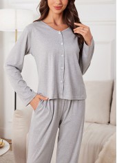 Grey loungewear,Plain Color loungewear,Grey V Neck Long Sleeve Lounge Top and Pants