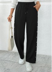 Black bottoms,Plain Color bottoms,Pocket Black Wide Leg Elastic Waist High Waisted Pants