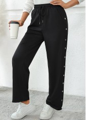 Black bottoms,Plain Color bottoms,Pocket Black Wide Leg Elastic Waist High Waisted Pants