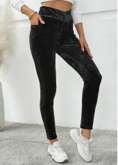 Black bottoms,Plain Color bottoms,Pocket Black Skinny Elastic Waist High Waisted Pants