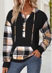 ROTITA Tummy Coverage Plaid Black Long Sleeve Hoodie