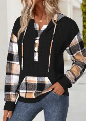 Black tops,Plaid tops,Geometric tops,ROTITA Tummy Coverage Plaid Black Long Sleeve Hoodie