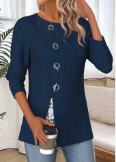 Navy tops,Contrast Color tops,ROTITA Tummy Coverage Navy Round Neck Long Sleeve Blouse