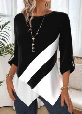 Black tops,Geometric tops,ROTITA Tummy Coverage Geometric Print Black Round Neck Blouse