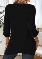 Black tops,Geometric tops,ROTITA Tummy Coverage Geometric Print Black Round Neck Blouse