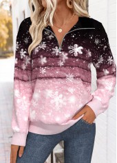 ROTITA Tummy Coverage Snowflake Print Pink Turn Down Collar Sweatshirt