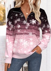 Pink tops,Christmas tops,ROTITA Tummy Coverage Snowflake Print Pink Turn Down Collar Sweatshirt