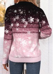 Pink tops,Christmas tops,ROTITA Tummy Coverage Snowflake Print Pink Turn Down Collar Sweatshirt