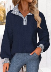 Navy tops,Striped tops,Geometric tops,ROTITA Curved Hem Striped Navy Stand Collar Long Sleeve Sweatshirt