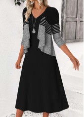 Black dresses,Striped dresses,Geometric dresses,Casual dresses,ROTITA Tummy Coverage Striped Black V Neck Dress and Cardigan